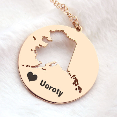 Custom Alaska Disc State Necklaces With Heart  Name Rose Gold - Handcrafted & Custom-Made
