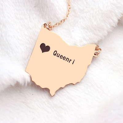 Custom Ohio State USA Map Necklace With Heart  Name Rose Gold - Handcrafted & Custom-Made