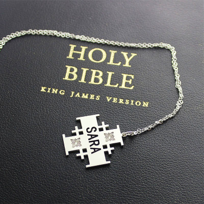Silver Jerusalem Cross Name Necklace - Handcrafted & Custom-Made