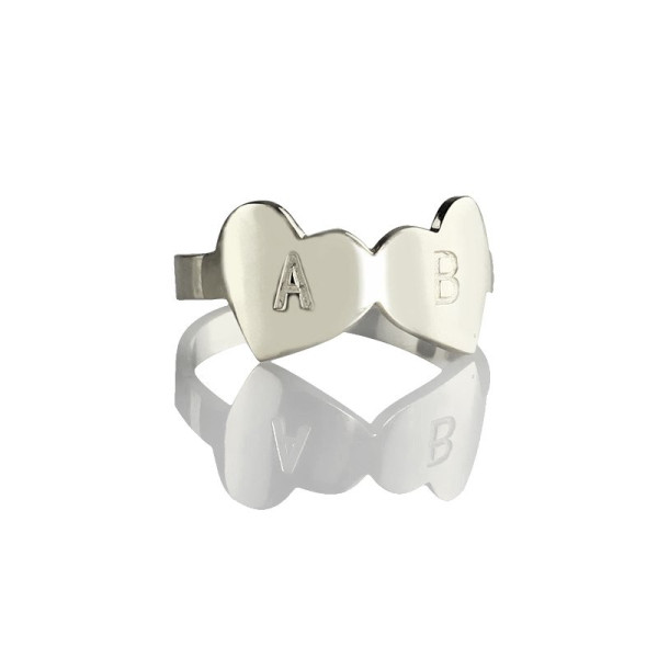 Double Heart Ring Engraved Letter Sterling Silver - Handcrafted & Custom-Made