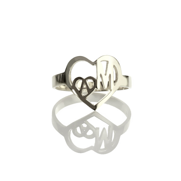 Heart in Heart Double Initials Ring Sterling Silver - Handcrafted & Custom-Made