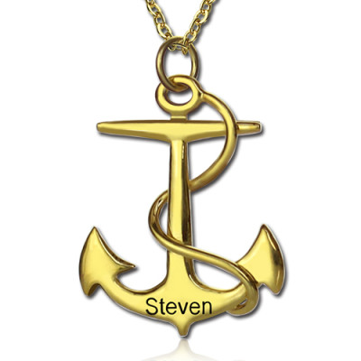 Anchor Necklace Charms Engraved Your Name 18ct Gold Plated Silver - Handcrafted & Custom-Made