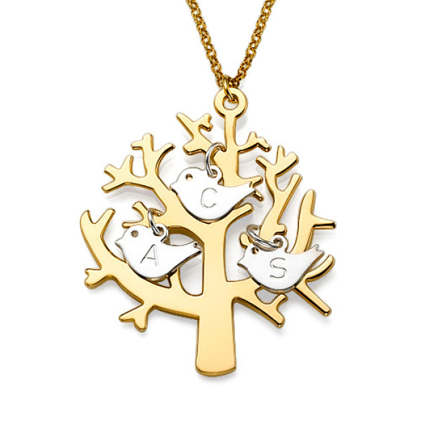 Gold Plated Tree Necklace with 0.925 Silver Initial Birds - Handcrafted & Custom-Made