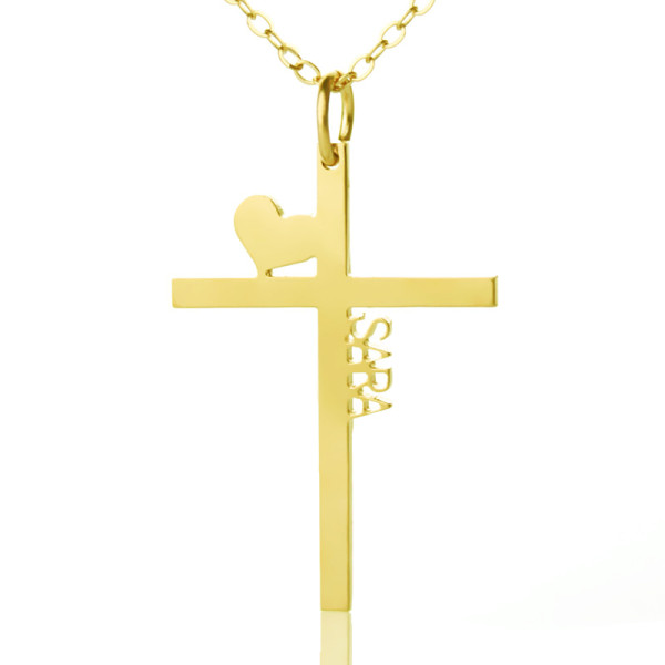 Personalised 18ct Gold Plated Silver Cross Name Necklace with Heart - Handcrafted & Custom-Made