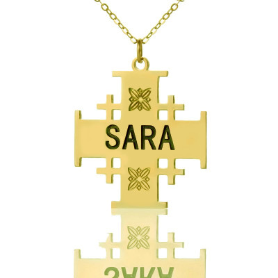 Gold Plated 925 Silver Jerusalem Cross Name Necklace - Handcrafted & Custom-Made
