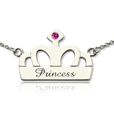 Crown Charm Neckalce with Birthstone  Name Sterling Silver  - Handcrafted & Custom-Made