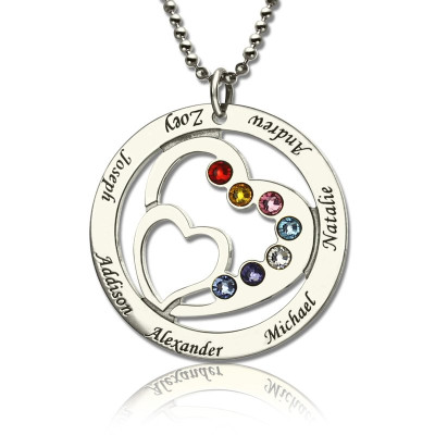 Personalised Heart in Heart Birthstone Name Necklace Silver  - Handcrafted & Custom-Made