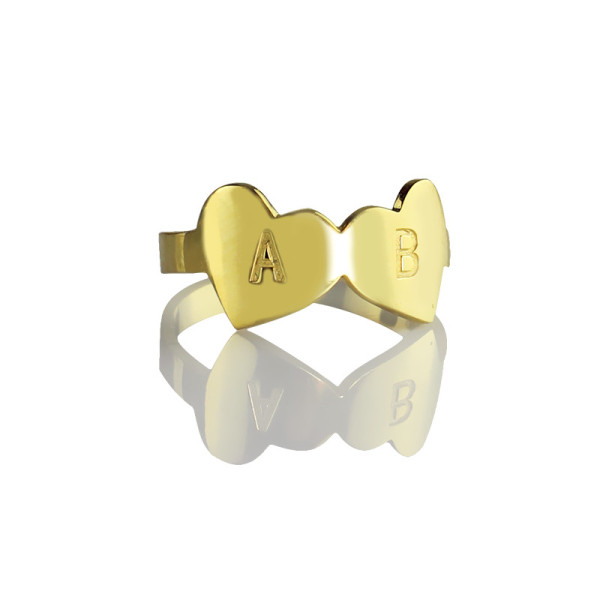 Custom Double Heart Ring Engraved Letter 18ct Gold Plated - Handcrafted & Custom-Made