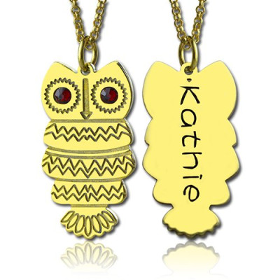 Cute Birthstone Owl Name Necklace 18ct Gold Plated  - Handcrafted & Custom-Made