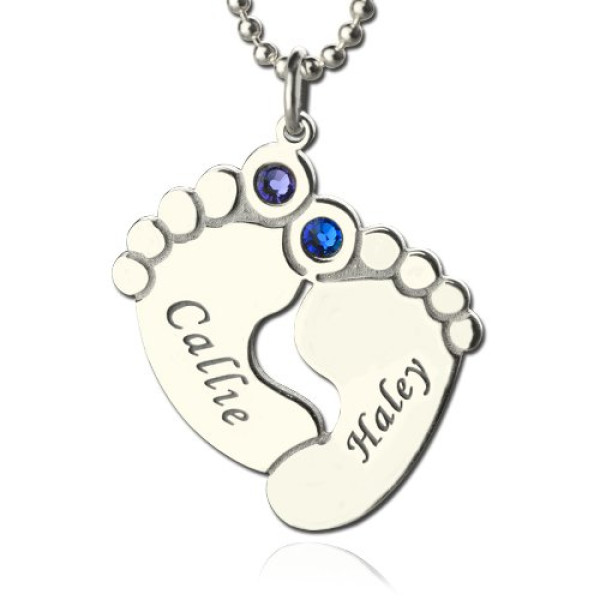 Personalzied Baby Feet Name Necklace with Birthstone Silver  - Handcrafted & Custom-Made