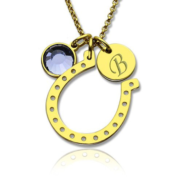 Birthstone Horseshoe Lucky Necklace with Initial Charm 18ct Gold Plate  - Handcrafted & Custom-Made