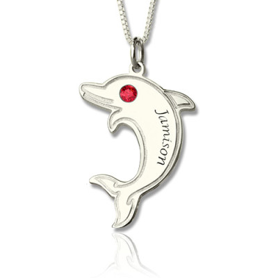 Dolphin Necklace with Birthstone  Name Sterling Silver  - Handcrafted & Custom-Made