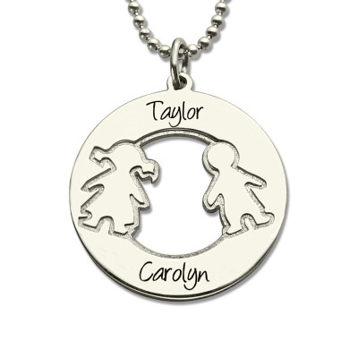 Circle Necklace With Engraved Children Name Charms Sterling Silver - Handcrafted & Custom-Made