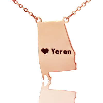 Custom Alabama State USA Map Necklace With Heart  Name Rose Gold - Handcrafted & Custom-Made