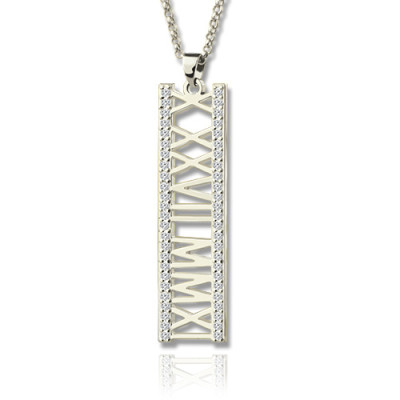 Roman Numeral Vertical Necklace With Birthstones Sterling Silver  - Handcrafted & Custom-Made
