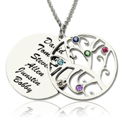 Family Tree Pendant Necklace With Birthstone Silver  - Handcrafted & Custom-Made