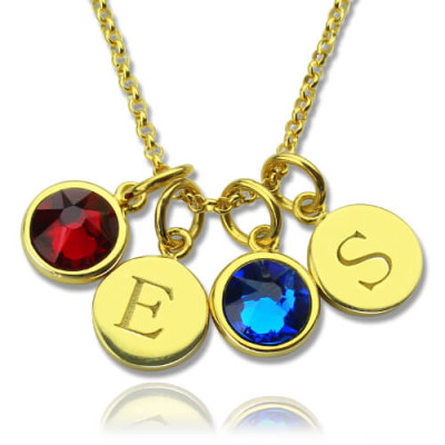 Custom Double Discs Initial Necklace with Birthstones In Gold  - Handcrafted & Custom-Made