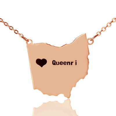 Custom Ohio State USA Map Necklace With Heart  Name Rose Gold - Handcrafted & Custom-Made
