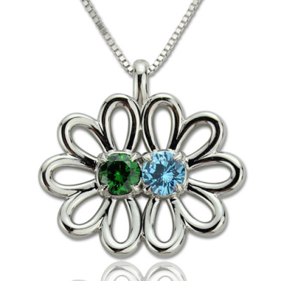 Personalised Double Flower Pendant with Birthstone Sterling Silver  - Handcrafted & Custom-Made