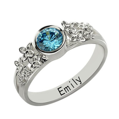 Personalised Flower Engagement Birthstone Name Ring Sterling Silver  - Handcrafted & Custom-Made