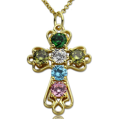 Personalised Cross necklace with Birthstones Gold Plated Silver  - Handcrafted & Custom-Made