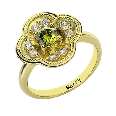 Blossoming Engagement Ring Engraved Birthstone 18ct Gold Plated  - Handcrafted & Custom-Made