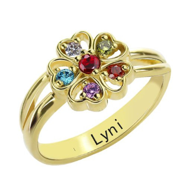 Birthstone Flower Promise Ring with Name 18ct Gold Plated  - Handcrafted & Custom-Made