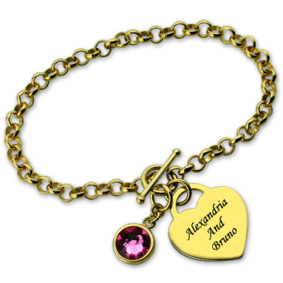 Engravable Birthstone Bracelet with Heart  Name Charm 18ct Gold Plate  - Handcrafted & Custom-Made