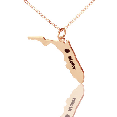 Custom Florida State USA Map Necklace With Heart  Name Rose Gold - Handcrafted & Custom-Made