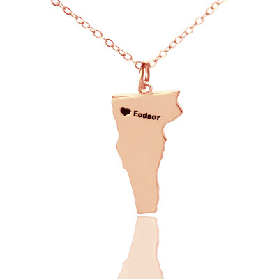 Custom Vermont State USA Map Necklace With Heart  Name Rose Gold - Handcrafted & Custom-Made