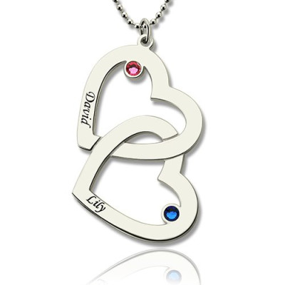 Double Heart Necklace with Name  Birthstones Sterling Silver  - Handcrafted & Custom-Made