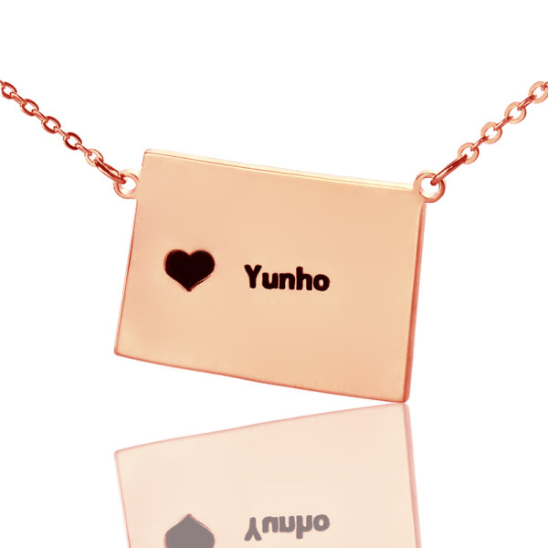 Wyoming State Shaped Map Necklaces With Heart  Name Rose Gold - Handcrafted & Custom-Made