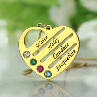 18ct Gold Plated Mothers Birthstone Heart Necklace Engraved Names  - Handcrafted & Custom-Made