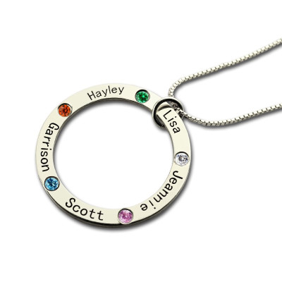 Mothers Family Circle Name Necklace Engraved Birthstone Silver  - Handcrafted & Custom-Made
