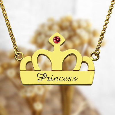 Princess Crown Charm Necklace with Birthstone  Name 18ct Gold Plated  - Handcrafted & Custom-Made