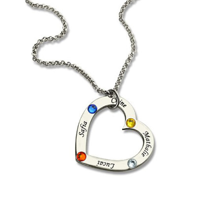Mother Heart Necklace with Name  Birthstone Sterling Silver  - Handcrafted & Custom-Made