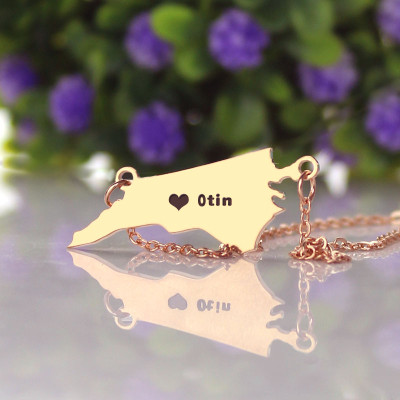 Personalised NC State USA Map Necklace With Heart  Name Rose Gold - Handcrafted & Custom-Made