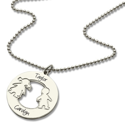 Circle Necklace With Engraved Children Name Charms Sterling Silver - Handcrafted & Custom-Made