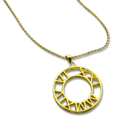 Double Circle Roman Numeral Necklace Clock Design Gold Plated Silver - Handcrafted & Custom-Made