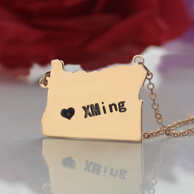 Custom Oregon State USA Map Necklace With Heart  Name Rose Gold - Handcrafted & Custom-Made
