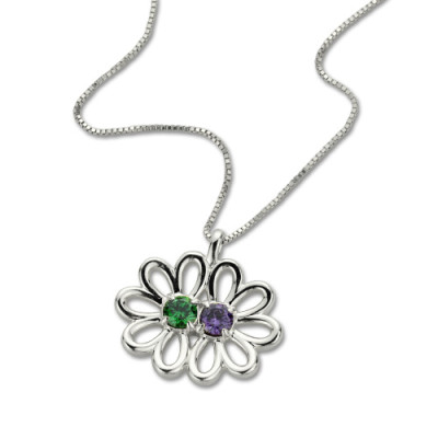 Personalised Double Flower Pendant with Birthstone Sterling Silver  - Handcrafted & Custom-Made
