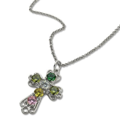 Personalised Cross Necklace with Birthstones Sterling Silver  - Handcrafted & Custom-Made