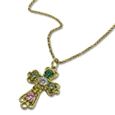 Personalised Cross necklace with Birthstones Gold Plated Silver  - Handcrafted & Custom-Made