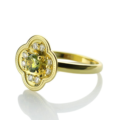 Blossoming Engagement Ring Engraved Birthstone 18ct Gold Plated  - Handcrafted & Custom-Made