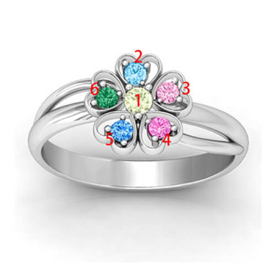 Promise Flower Ring Engraved Name  Birthstone Sterling Silver  - Handcrafted & Custom-Made