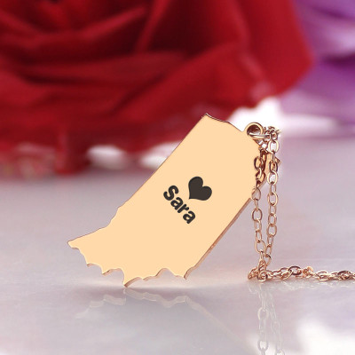 Custom Indiana State Shaped Necklaces With Heart  Name Rose Gold - Handcrafted & Custom-Made