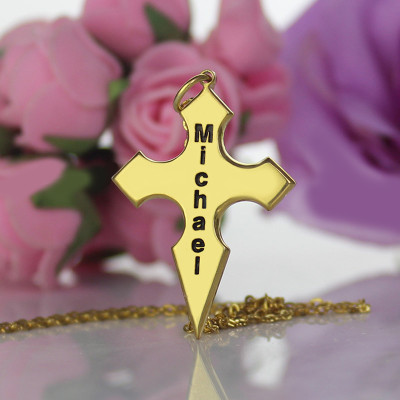 Gold Plated 925 Silver Conical Shape Cross Name Necklace - Handcrafted & Custom-Made