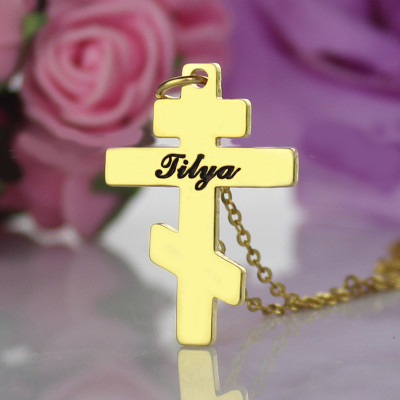 Gold Plated 925 Silver Othodox Cross Engraved Name Necklace - Handcrafted & Custom-Made