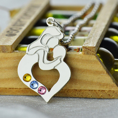 Personalised Mother Child Necklace with Birthstone Silver  - Handcrafted & Custom-Made