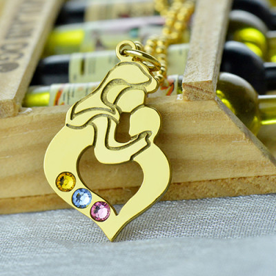 Personalised Mother Child Necklace with Birthstone Gold Plated Silver  - Handcrafted & Custom-Made